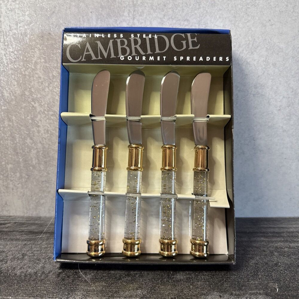 Cambridge Stainless Steel Gold And Glitter Gourmet 4 Spreaders Handles in Box